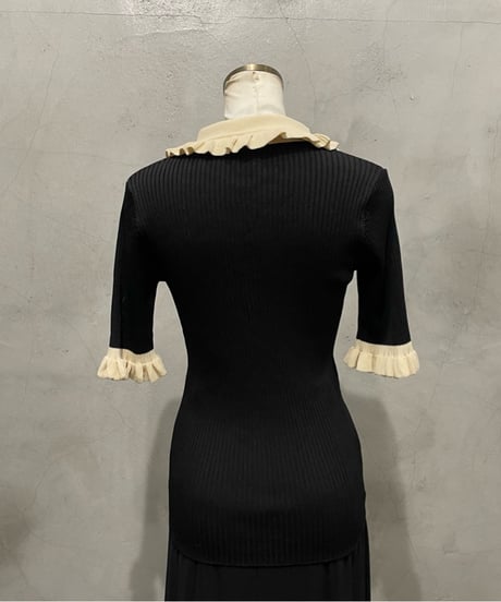 Bicolor S/S Frill Polo Rib Knit BKIV