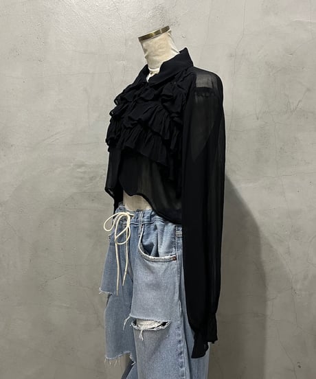 Frill Design Short Sheer Shirt BK
