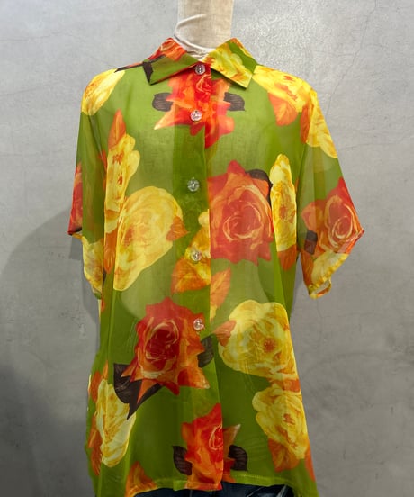 Short Sleeve Flower Pattern Sheer Shirt LGN