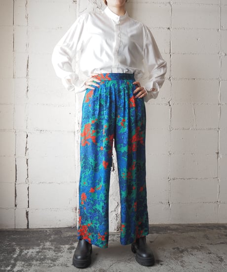 Flower Pattern Tuck Straight Pants GN BL RE