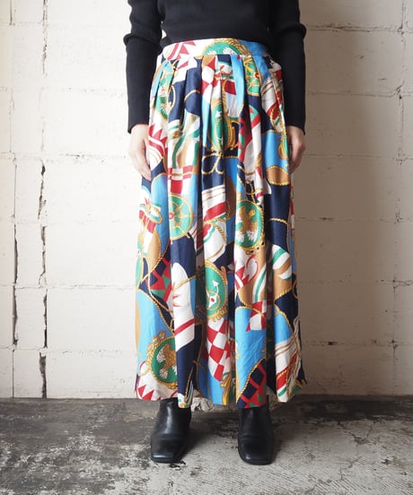 Marine  Pattern Flared Skirt BKBLRE