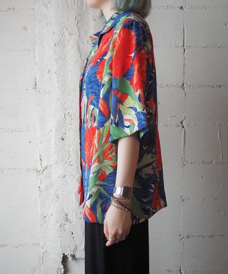 Open Collar Flower Shirt BL GN OR