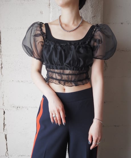 Puff Sleeve Tulle Gather Tops BK