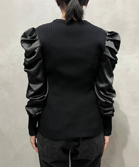 Volume Satin Sleeve Rib Knit BK