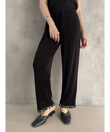 Beads Design Hem Strech Pants BK