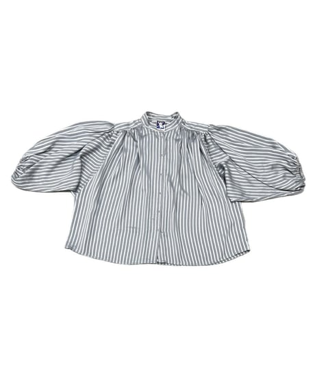 Band Collar Balloon Sleeve Blouse GR WH GD