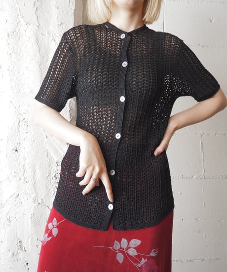 1990's Crochet Crew Neck Short Sleeve Cardigan BK