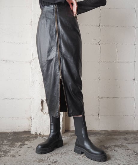 Front Zip Up Leather Tight Skirt BK