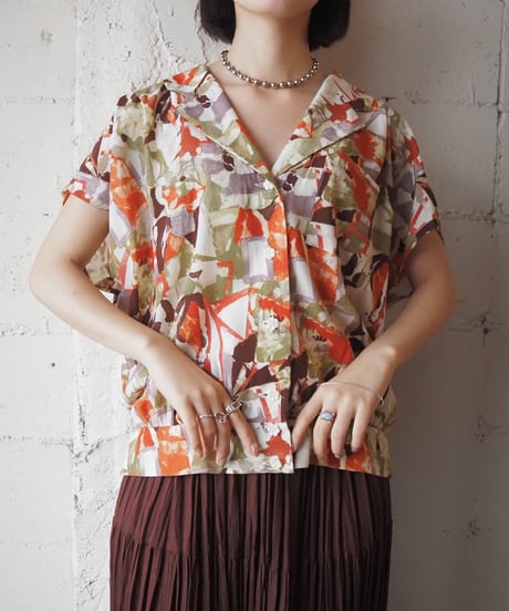 Art Pattern Open Collar Shirt WH OR GN