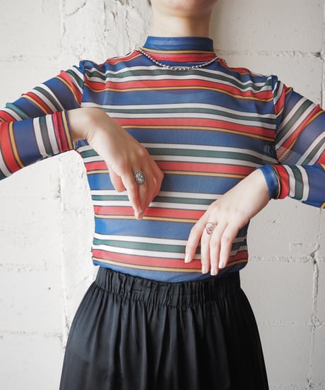 Multi Color Stripe Mock neck Sheer L/S BLRE