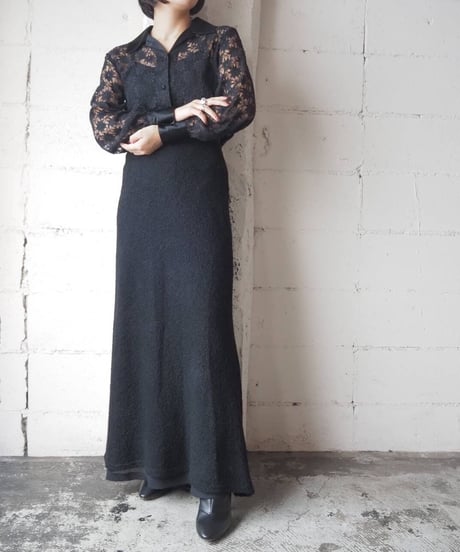 Satin × Lace Open Collar Shirt BK