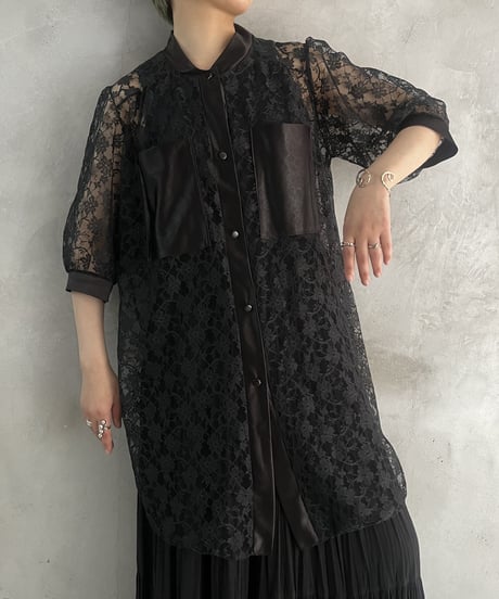 Sheer Flower Lace Shirt BK