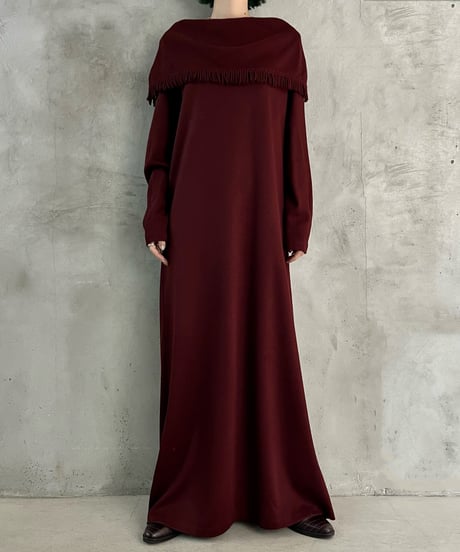 Turn Over Neck Fringe Knit Dress BUR