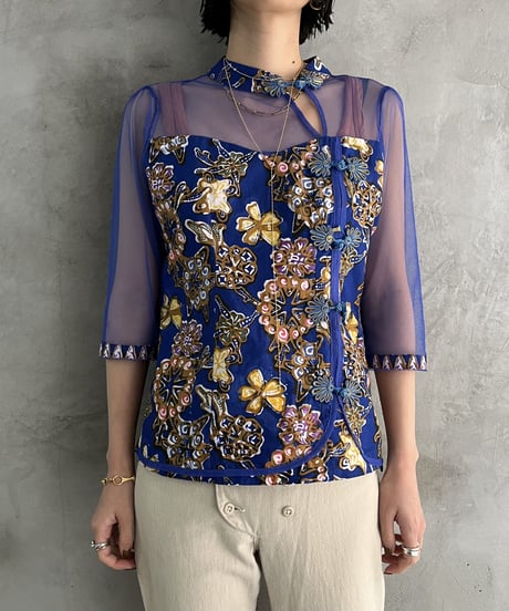 Sheer Flower Pattern China Blouse BKYE