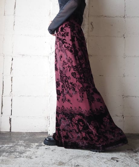 Velour × Sheer Botanical Pattern Tight Skirt BUR