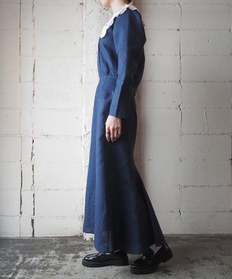 〜1980's Lace Collar Linen Mix Long Dress NV IV