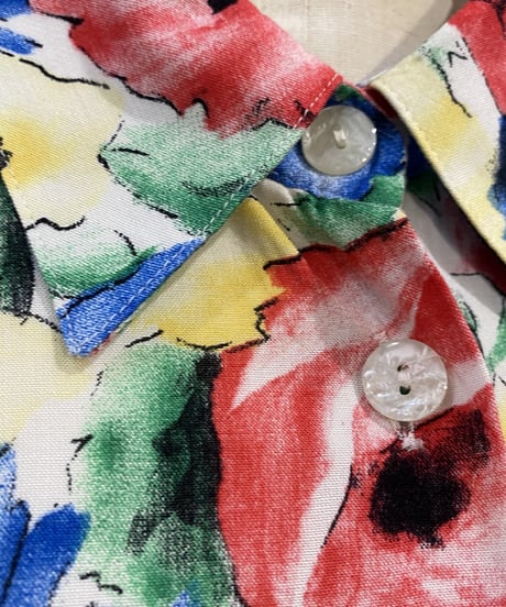 S/S Flower Print Shell Button Shirt WH PI GN