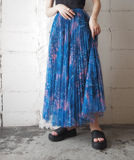 MSGM Botanical Print Tulle Pleats Skirt BL PK