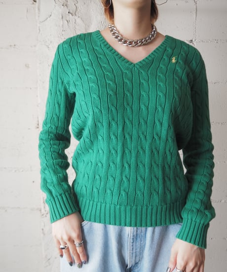 Ralph Lauren SPORT V Neck Cotton Cable Knit GN