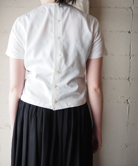 1960-70's Euro Cuwork Mao Collar Short Sleeve Cotton Blouse WH
