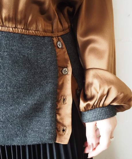 Satin×Knit Switching Tops BR GR