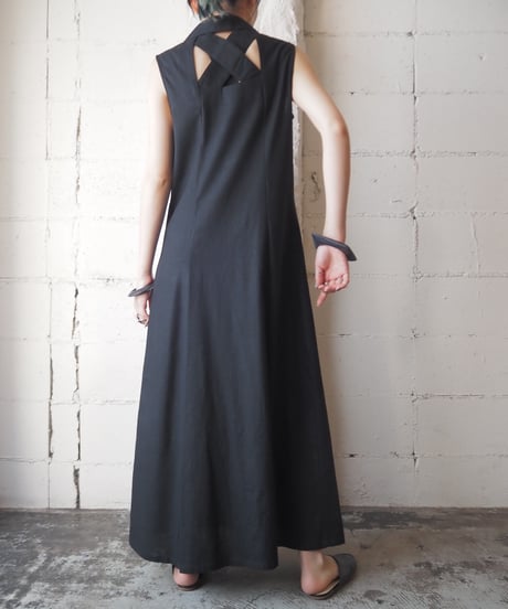 Back Cross Design Open Collar Linen Dress BK