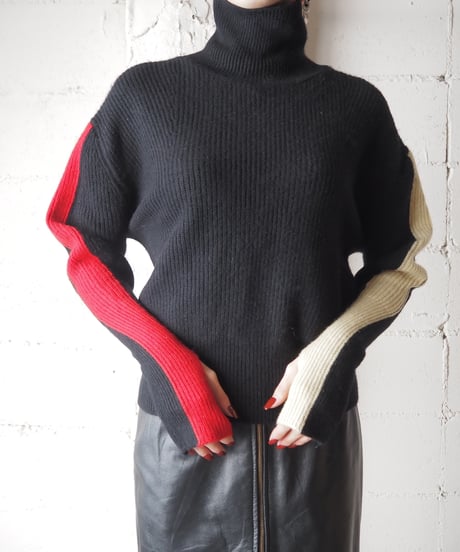 Leg of Mouton Sleeve Tricolore  High Neck Rib Sweater BKREYE