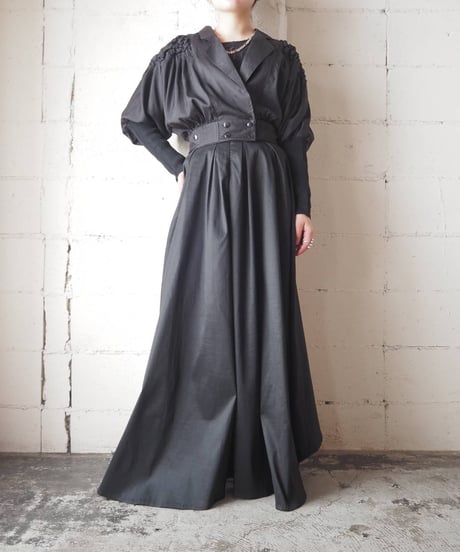 Remake Smocking Shoulder Long Rib Jacket BK