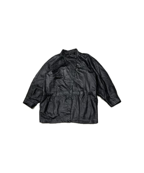 Stand Collar Dolman Sleeve Leather Coat BK