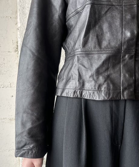 Collarless Snap Button Leather Jacket BK