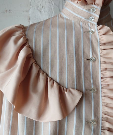 Frilled × Stripe Stand Collar Blouse BE