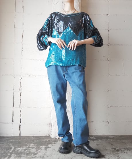 1970’s Pattern Bicolor Sequin Tops BLBK