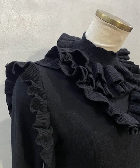 Frill Design High Neck Knit BK