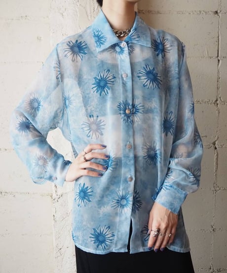 Long Sleeve Flower Pattern Sheer Shirt LBL