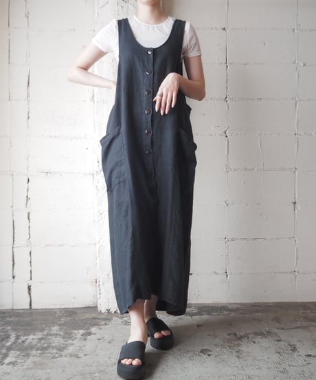 Front Button Linen Dress BK