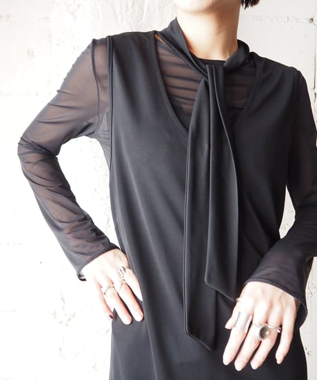 Tie Design Spandex Mix N/S Long Dress BK