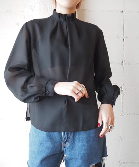 Stand Frill Collar Sheer Blouse BK
