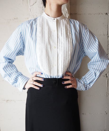 LAUREN Front Pleated Stripe Shirt BLWH