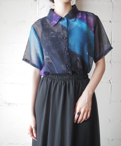 S/S Floral Sheer Shirt BK PU BL