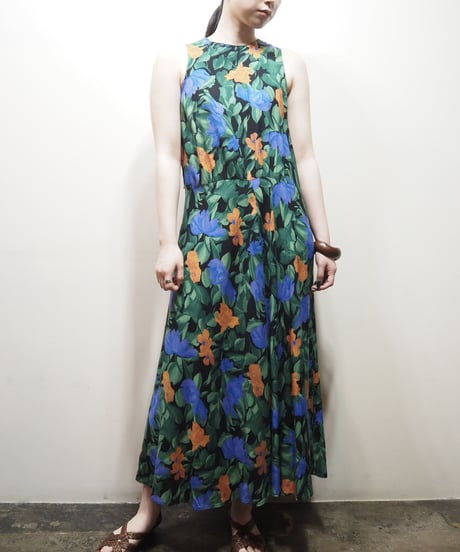Flower Pattern American Sleeve Dress BKGN
