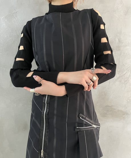 Zipper Design Stripe Pattern No Sleeve Dress BKWH