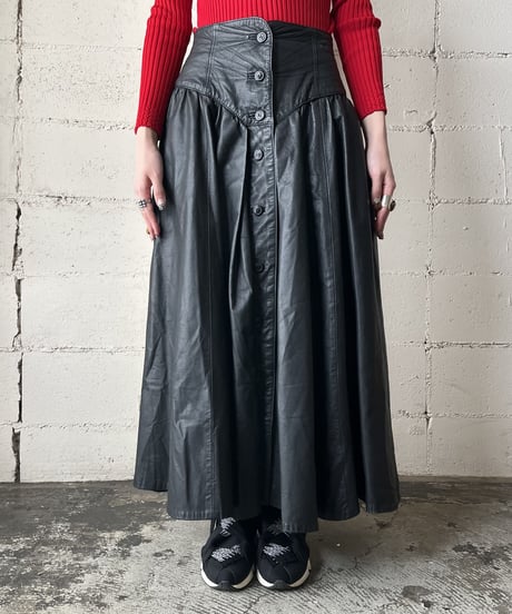 Front Button Leather Skirt BK