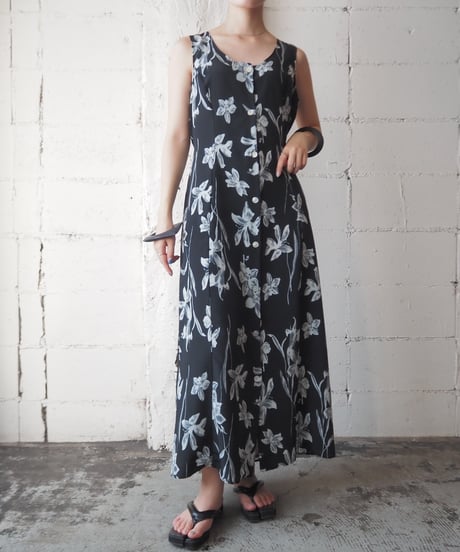 Front Button Flower Pattern Dress BKWH