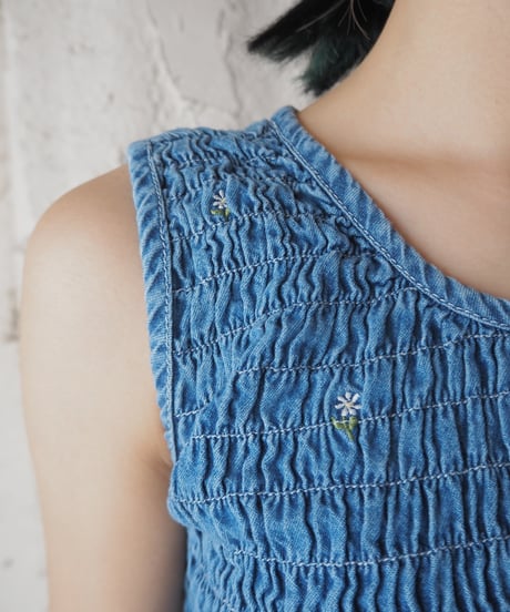 Shirring Denim Cropped Tank Top BL