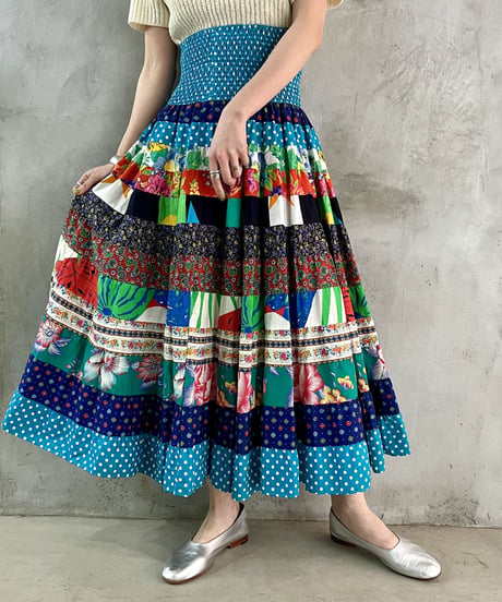 1980's Patchwork  Gather Flared Skirt BLRE