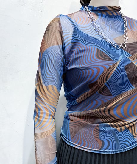 Mock Neck Geometric Pattern Sheer Tops BLBR