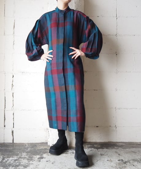 Pleated Sleeve Check Pattern Dress GNBUR
