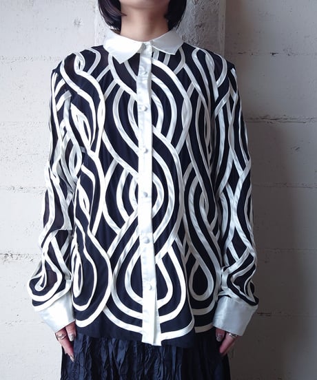 Sheer×Satin  Tape Wave Pattern Shirt BKWH