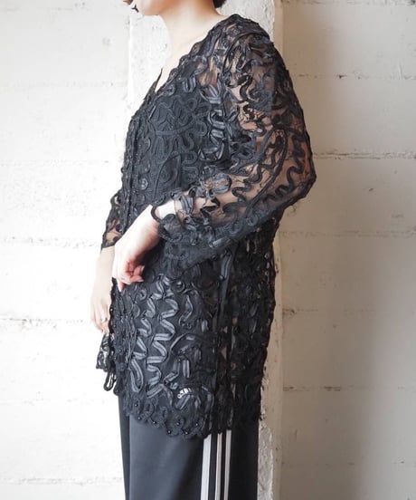 Tape Embroidery Sheer Blouse BK