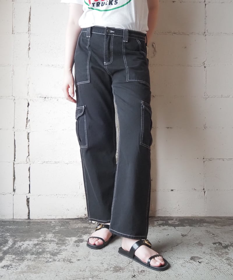Wide Leg Cargo Pants with White Stitching BK WH